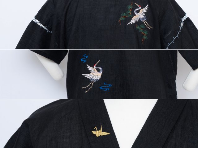 【ロゴ刺繍/背中右上・左下】【簡単絵柄刺繍 / 右衿上部】E-07 鶴・金