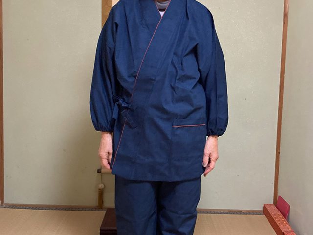 【身長162cm】1036 絣風女性無地作務衣 No.1 紺 L