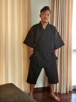 【身長163cm】1603 近江ちぢみ本麻甚平 No.4 黒 L