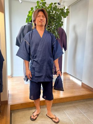 【身長170cm】1603 近江ちぢみ本麻甚平 No.1 濃紺 L