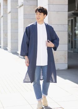 1600 近江ちぢみ本麻ロング羽織 No.1 濃紺