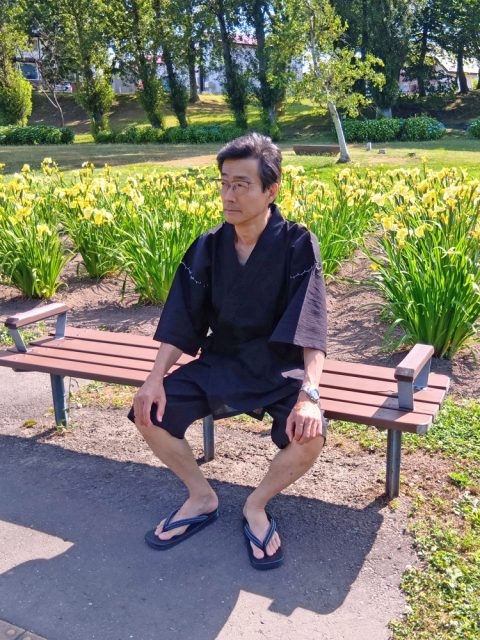 【身長170cm】7003 綿麻楊柳甚平 No.4 黒  L