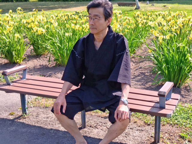 【身長170cm】7003 綿麻楊柳甚平 No.4 黒  L