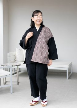 8045 女性たて絣デザイン作務衣 No.9 モカ