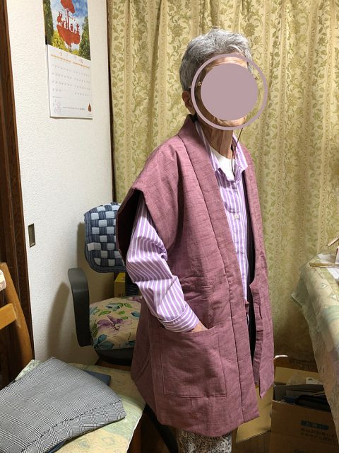 【身長145cm】2029 女性紬織袖無し綿入袢天 No.1 ピンク F