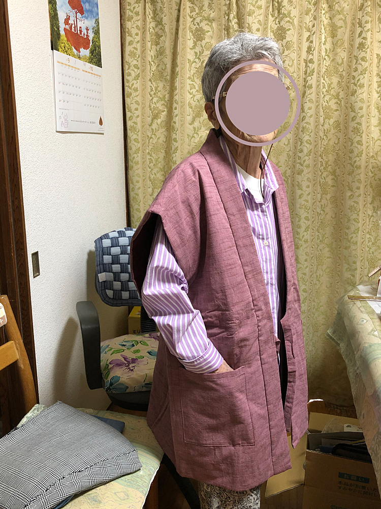 2029 女性紬織袖無し綿入袢天 No.1 ピンク F