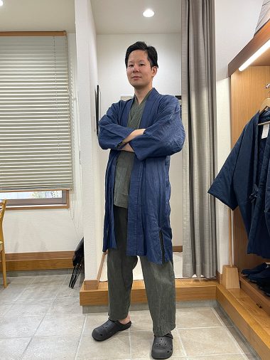 【身長174cm】1051 たてスラブ作務衣 No.6 グリーン M