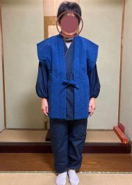 【身長162cm】2029 女性紬織袖無し綿入袢天 No.2 明紺 F