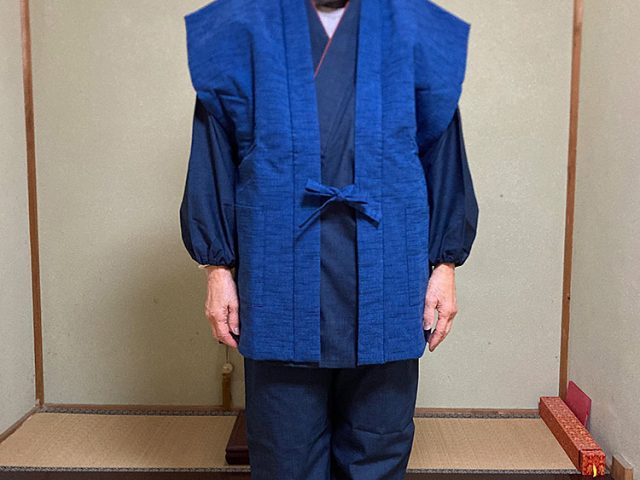 【身長162cm】2029 女性紬織袖無し綿入袢天 No.2 明紺 F