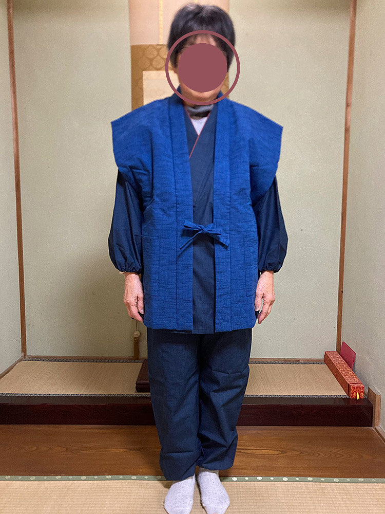 2029 女性紬織袖無し綿入袢天 No.2 明紺 F