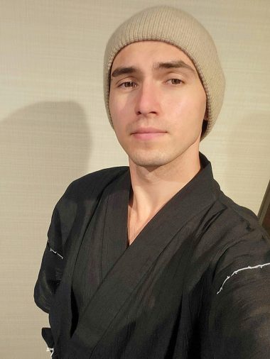 【身長180cm】7003 綿麻楊柳甚平 No.4 黒 L