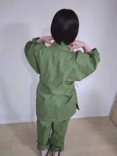 【身長155cm】8050 麻綿ロールアップ袖・裾作務衣 No.6 グリーン M
