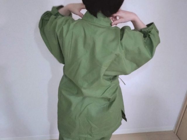 【身長155cm】8050 麻綿ロールアップ袖・裾作務衣 No.6 グリーン M