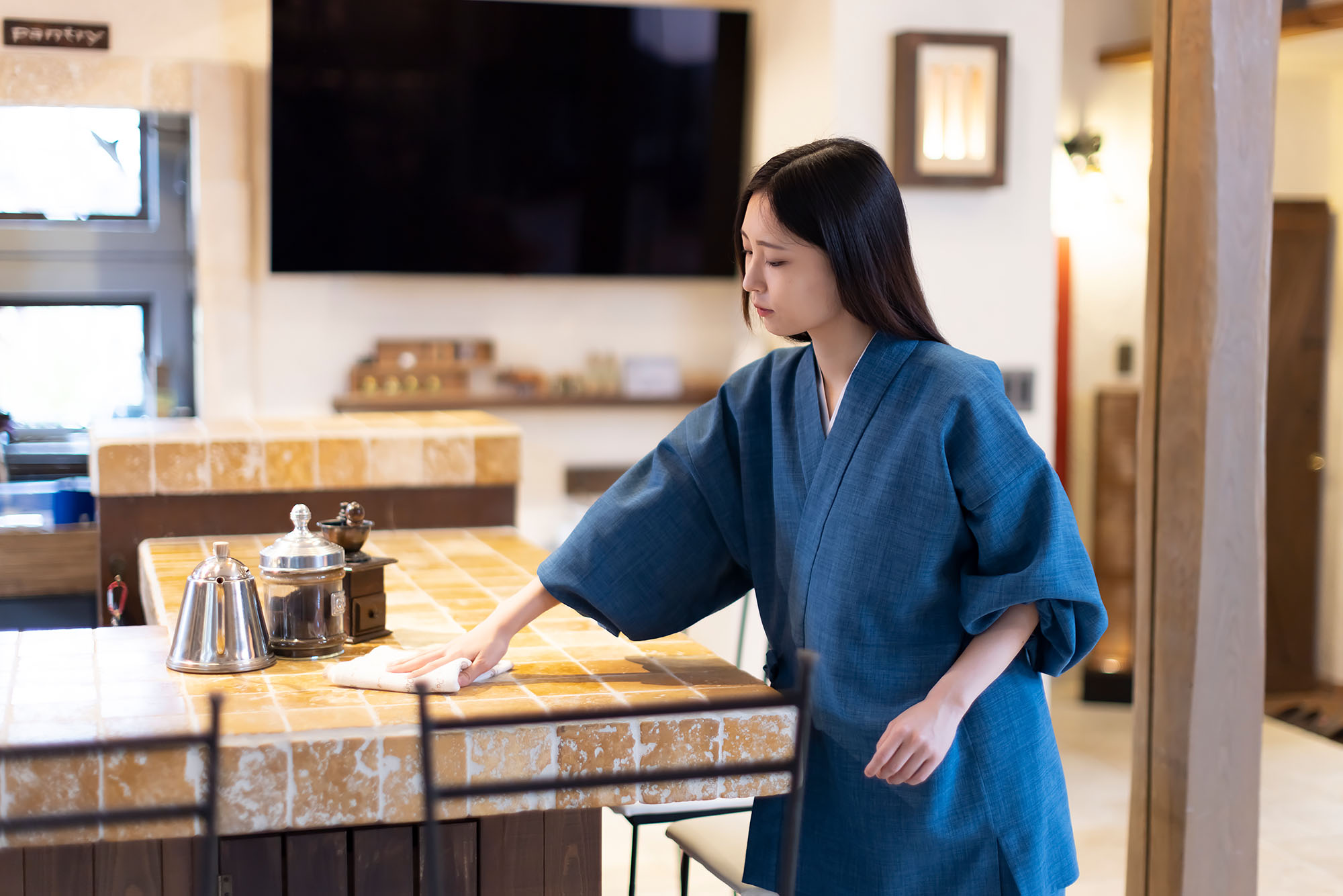 女性用麻ライク作務衣［聖］ No.3 明紺 ｜ 作務衣・甚平通販 和粋庵