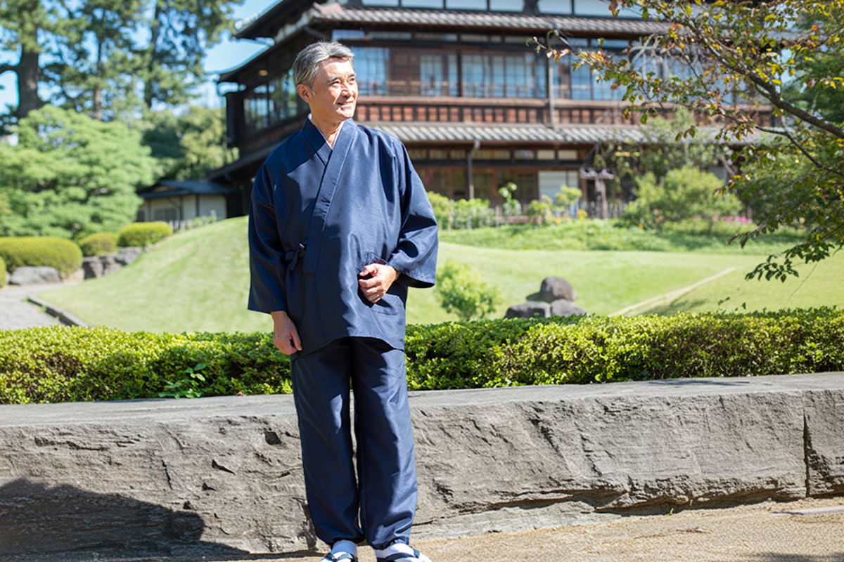 シルクライク紬総裏作務衣 No.1 濃紺 (M-LL) | 作務衣・甚平通販 和粋庵