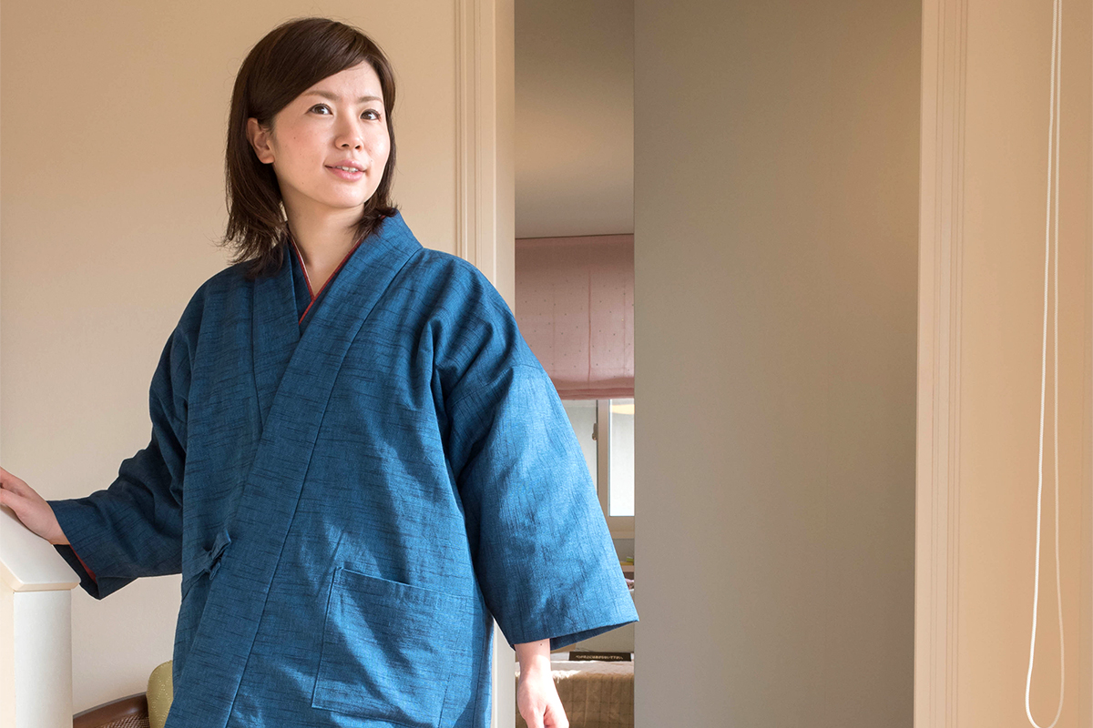 女性紬織作務衣式綿入袢天 No.2 ブルー 【和粋庵】