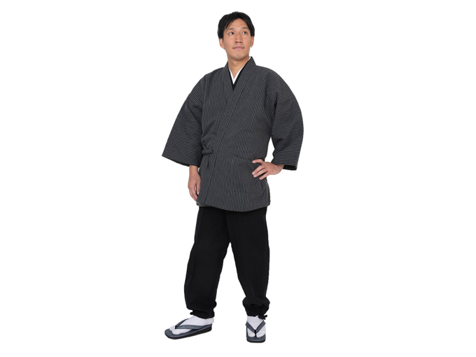 日本製 作務衣式綿入袢天　黒（ブラック）　着用写真
