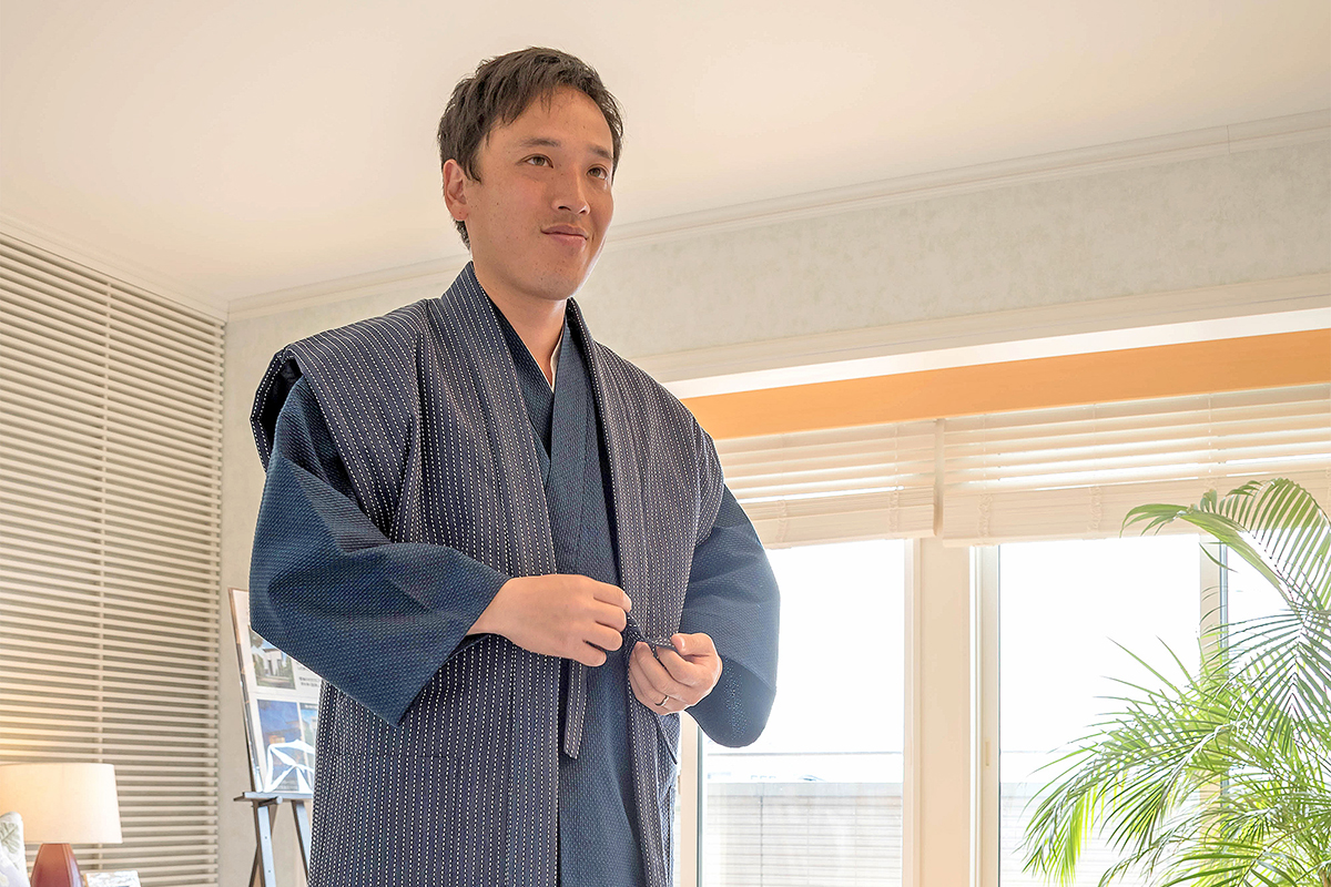 刺子織袖無し綿入袢天 No.1 濃紺-スペック斑（むら）染め 【和粋庵