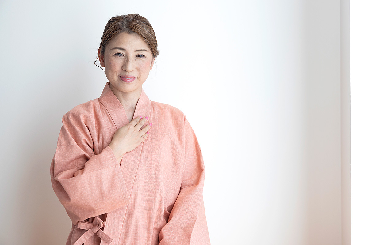 絣紬作務衣＜13番色 ピンク＞【和粋庵】（かすりつむぎさむえ