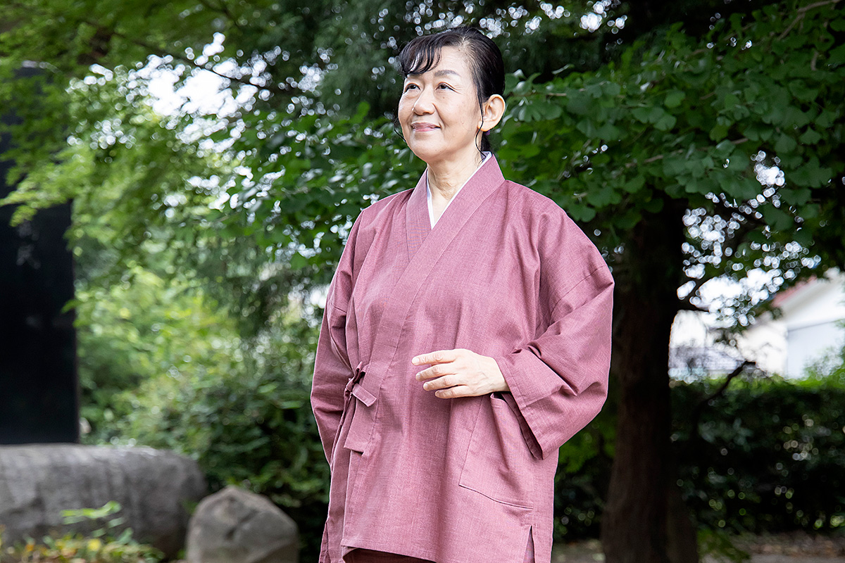 絣紬作務衣＜14番色 濃あずき＞【和粋庵】（かすりつむぎさむえ