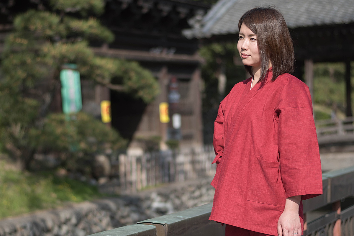 絣紬作務衣＜15番色 エンジ＞【和粋庵】（かすりつむぎさむえ