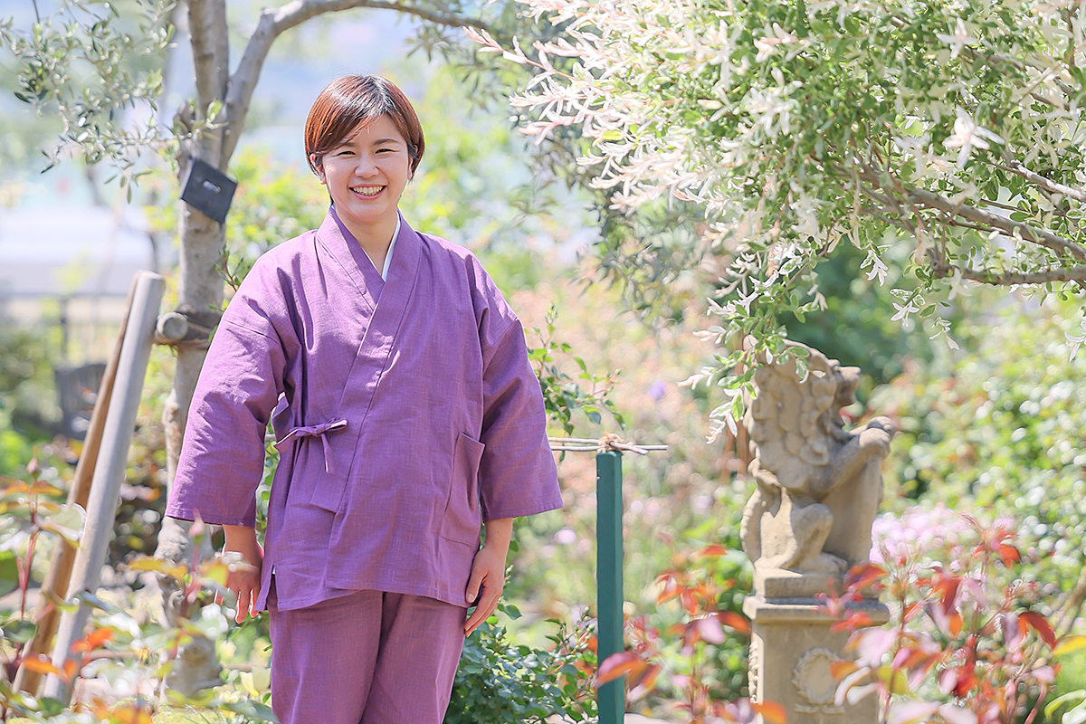 絣紬作務衣＜17番色 古代紫＞【和粋庵】（かすりつむぎさむえ