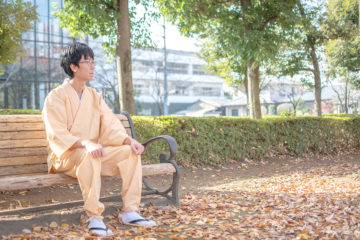 絣紬作務衣＜1番色 ベージュ＞【和粋庵】（かすりつむぎさむえ