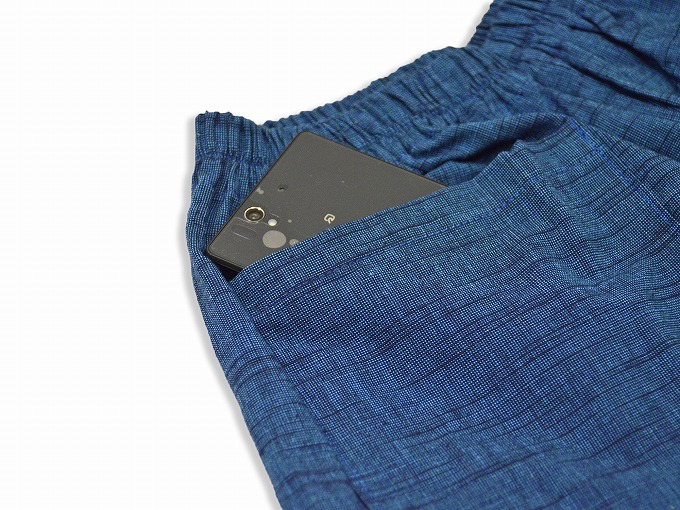 女性パンツルック作務衣　ブルー ズボンポケット