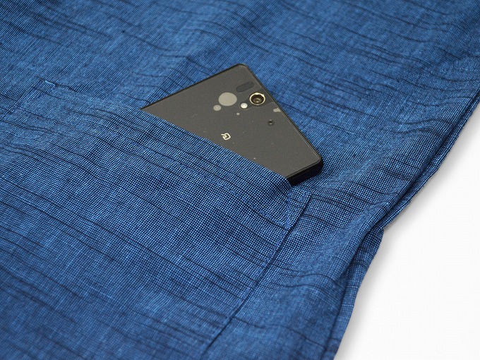 女性パンツルック作務衣　ブルー上着ポケット
