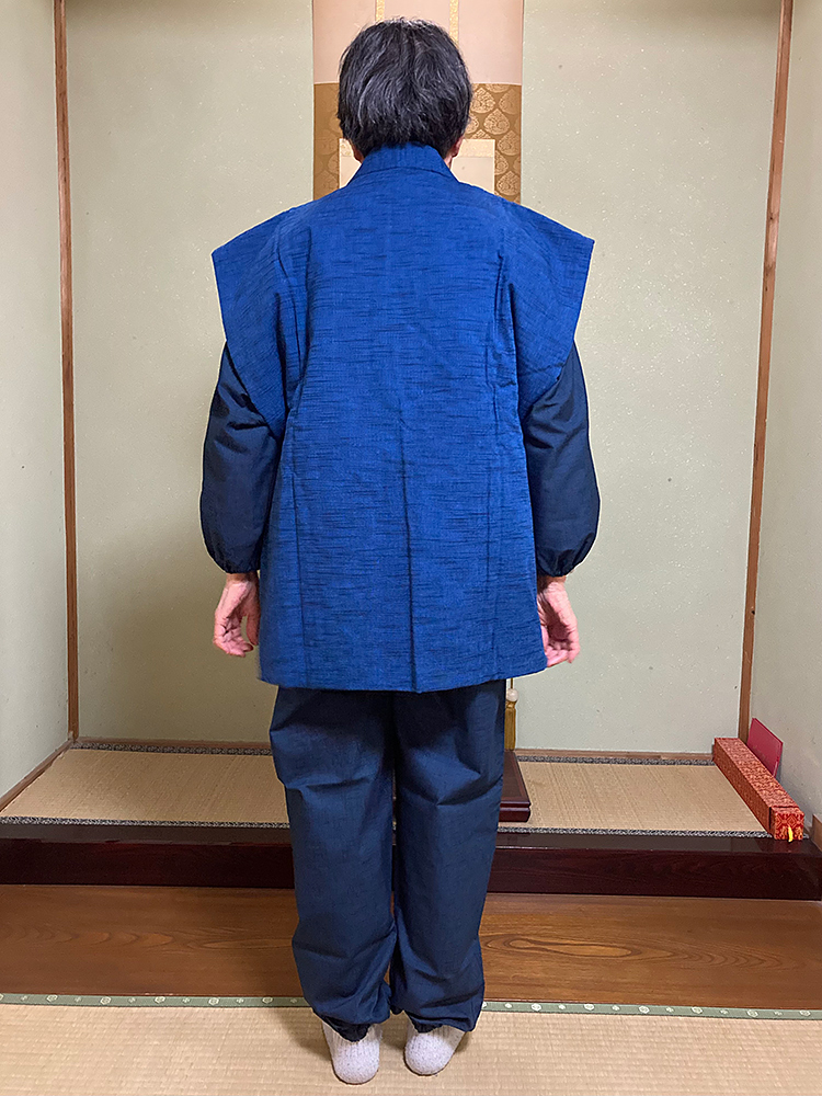 2029 女性紬織袖無し綿入袢天 No.2 明紺 F