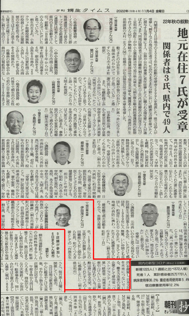 【新聞】桐生タイムスに当社社長　伊田茂の旭日単光章を受章した記事が掲載されました。