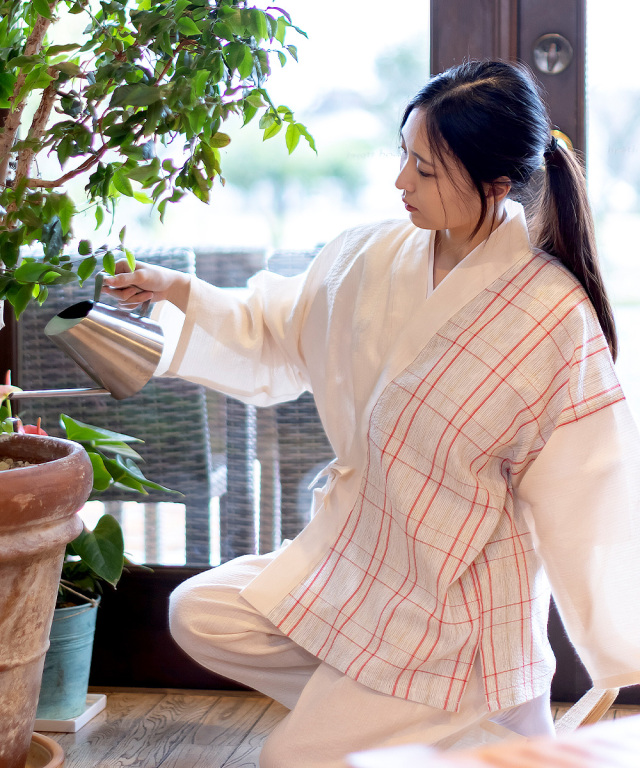 阿波しじら織女性デザイン作務衣